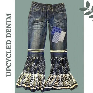 Upcycled Denim Bell Bottom Jeans Patchwork Ribbon Lace Blue Cream White Size 27